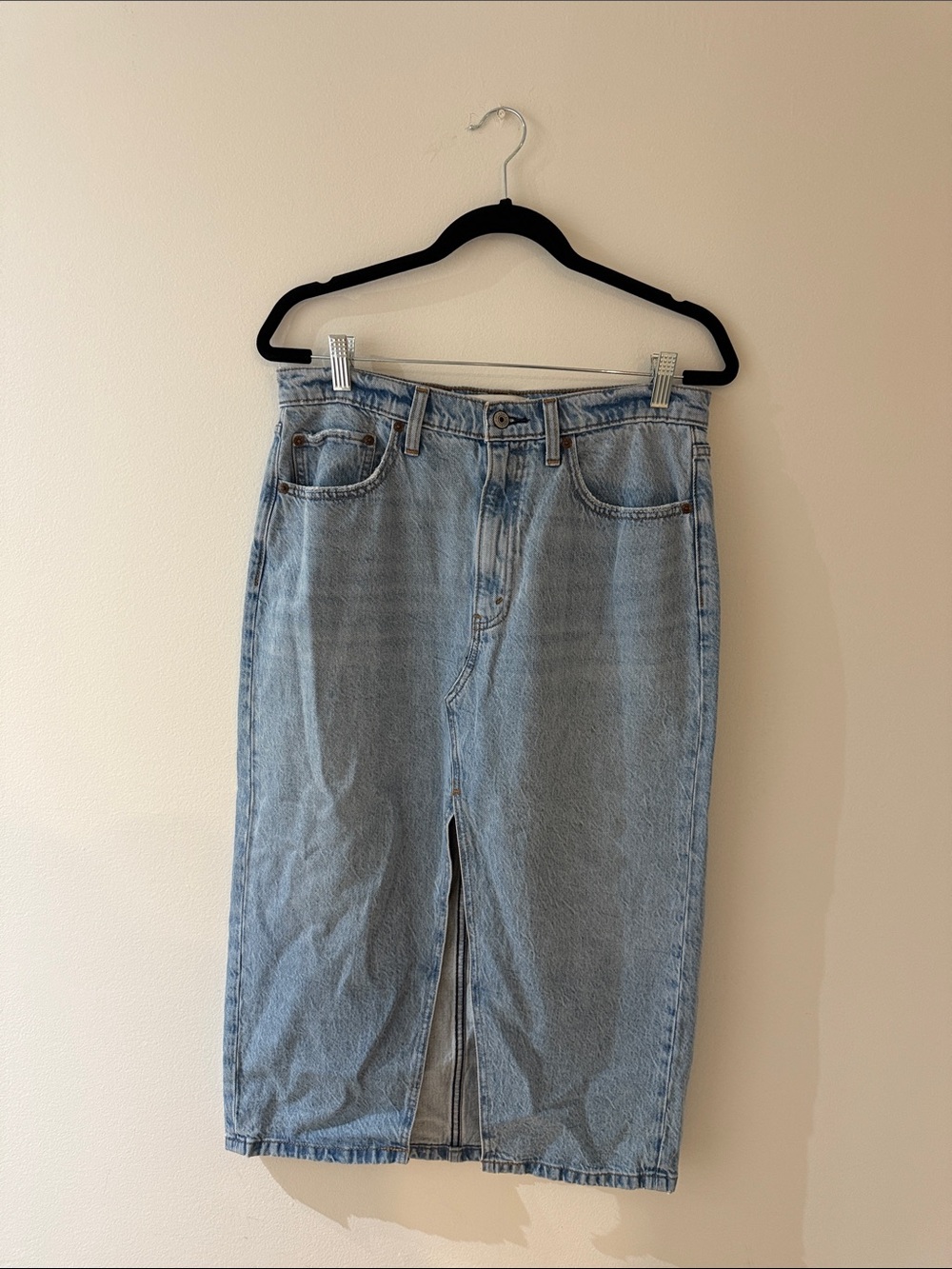 Abercrombie and Fitch Light Wash Denim Midi Skirt with Front Slit